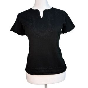 Vtg 90s Silk Embroidered Top Black Split Neck Short Sleeve‎ Boho Womens Small